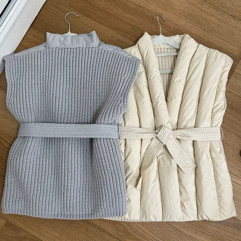 Schinteon Vrouwen 90% Witte Eendendons Breiwol Vest Herfst Winter Warme Mouwloze Jas Koreaanse Stijl Luxe Top 2024 Nieuwe