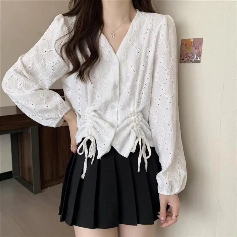 Long Sleeves V-neck Hollow Out Shirt for Women\'s Spring Autumn Unique Double Drawstring Stylish Chic Beautiful Small Shirt Top