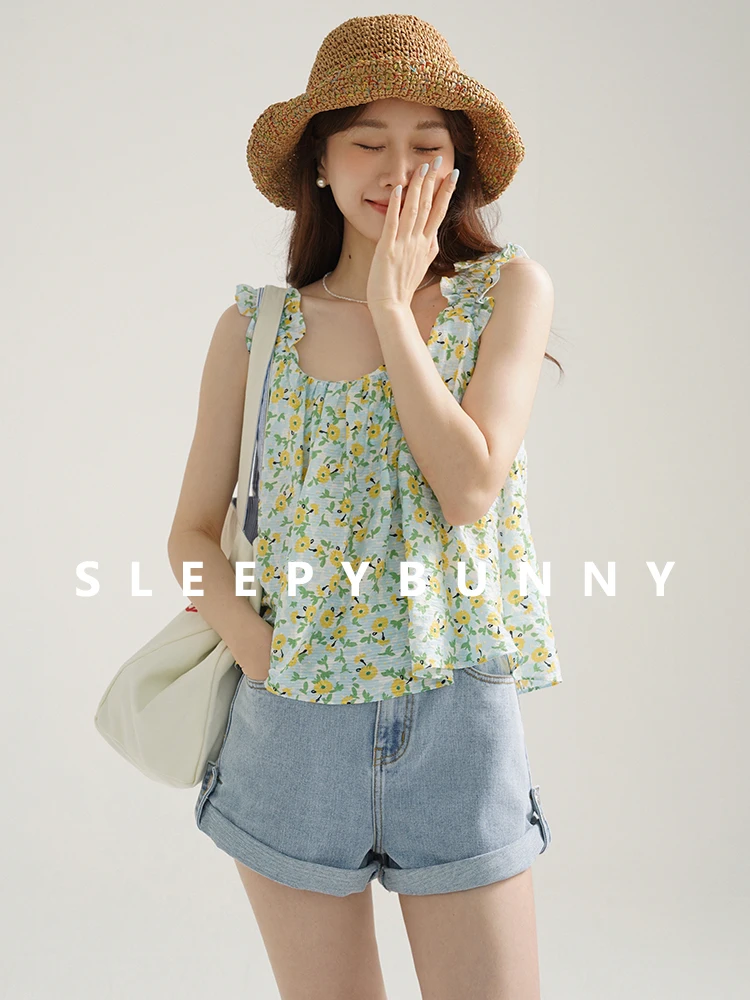 

Chic Floral Tank Top for Women Summer Sweet French Crop Cami Ruffle Strap Sleeveless Vest Korean Trendy Vacation Beach Outfit