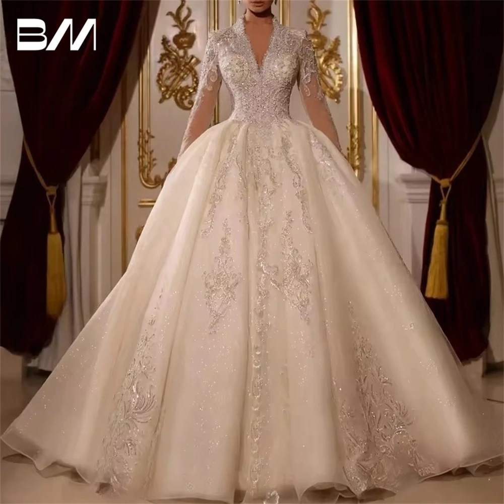 Princess Beaded Ball Gown Wedding Dress, Illusion Full Sleeves, Customized Rhinestones Bride Dresses, Plus Size Bridal Gown