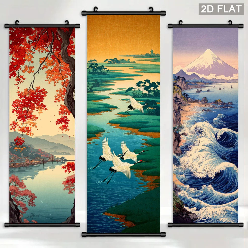 VIKAMA Ukiyo-e Landscape Scroll Tapestry, Vintage Red Maple, Flying Cranes, Mount Fuji, and Ocean View Wall Art, Home Decor