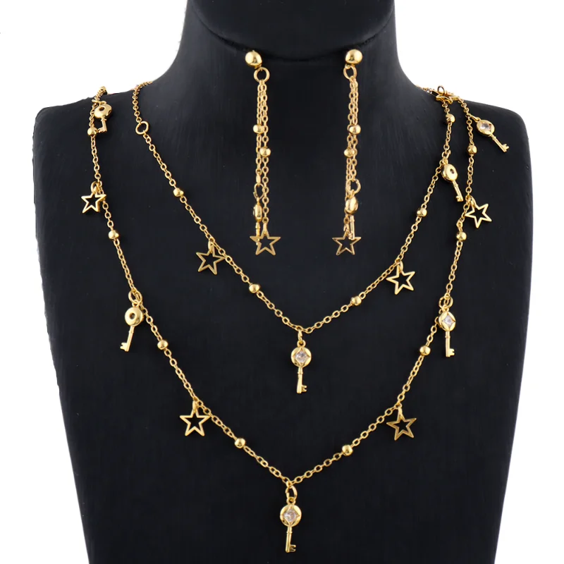 

Fashion Design Jewelry Gold Plated Necklace Earring Set Pendant Long Chain Set Female Star Pattern Jewelry Party Wedding Gift