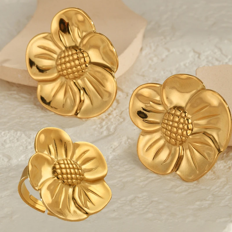 Fashion 18K Gold Plated High Quality Flower Design Stud Earring Ring Charm Stainless Steel Jewelry Set Birthday Gifts