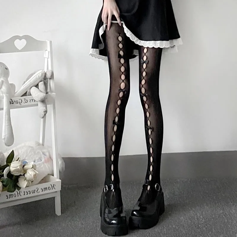 Medias japonesas dulces de Lolita para mujer, pantimedias con lazo blanco Kawaii, medias de rejilla sexis negras estilo JK para mujer, calcetines hasta el muslo