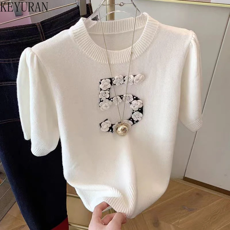 Three Dimensional Flower Short Sleeve Sweater Women Knitted T-shirt Spring Summer New Vintage O-Neck Casual Knitwear Crop Tops