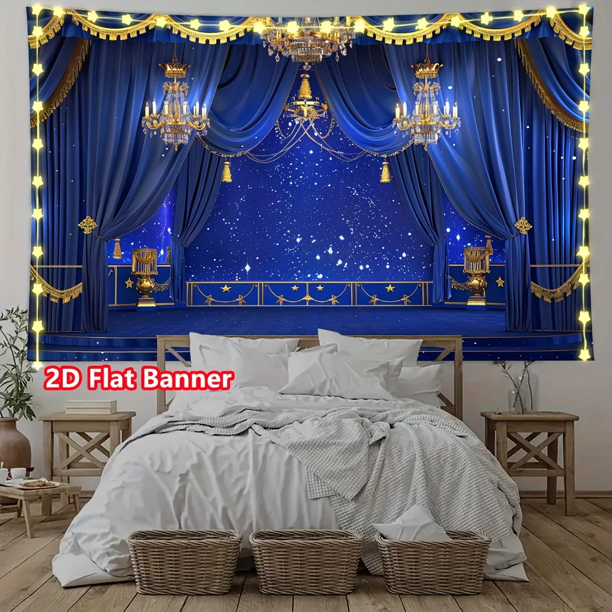 Royal Blue Chandelier Tapestry, Golden Stars and Elegant Lighting Wall Art for Party Photo Booth and Luxe Event Decor