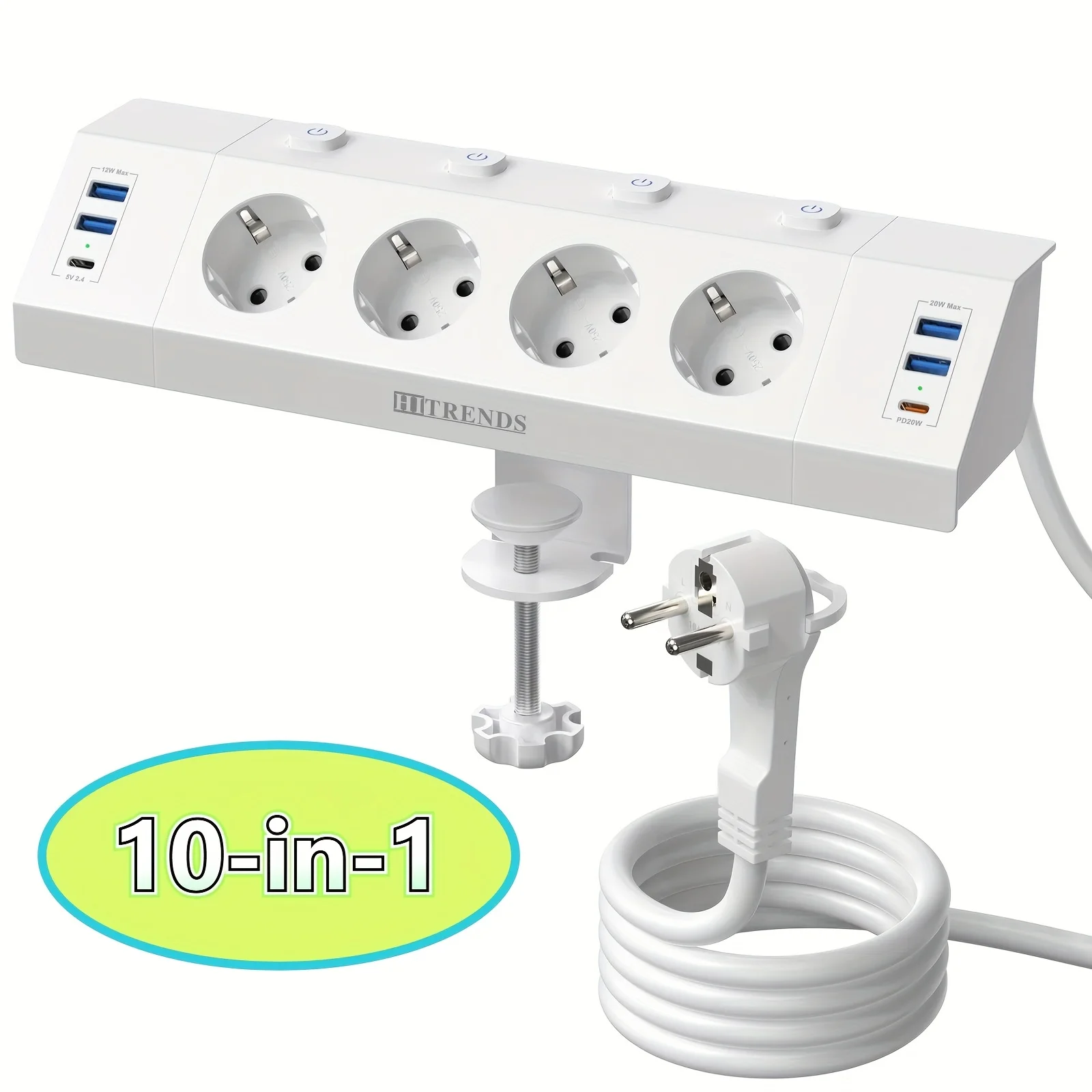 

Desktop Socket with USB C 20 W, Desktop Power Socket with Independent Switch, 4-Way Multi-Channel Socket with Switch, Surge Protection, with 2m Cable, for Home, Office