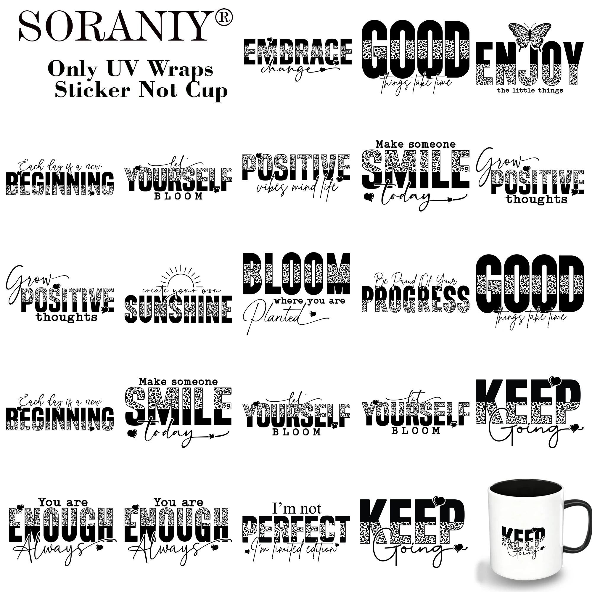 24PCS/Set Motivational Themed UV DTF DIY Transfer Sticker for Water CupsUsed For Water Bottles Glass