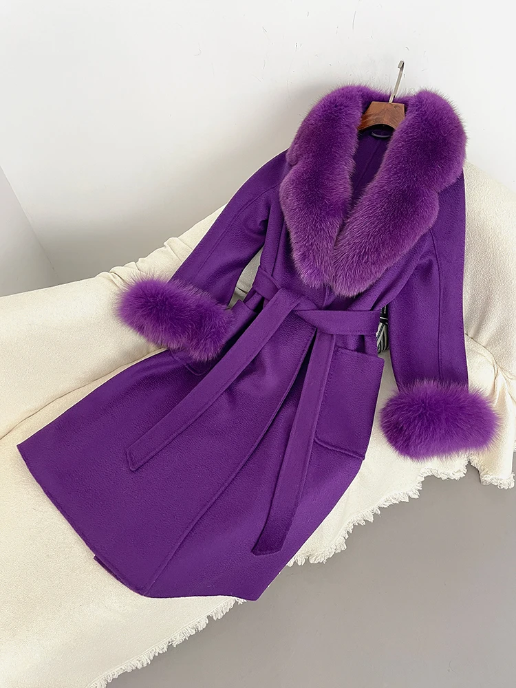 2025 الشتاء سيدة فضفاضة ترتيب الأسرة طوق ملابس خارجية النساء ريال فوكس الفراء الصوف يمزج معطف سترة أنيقة طوق مكتب