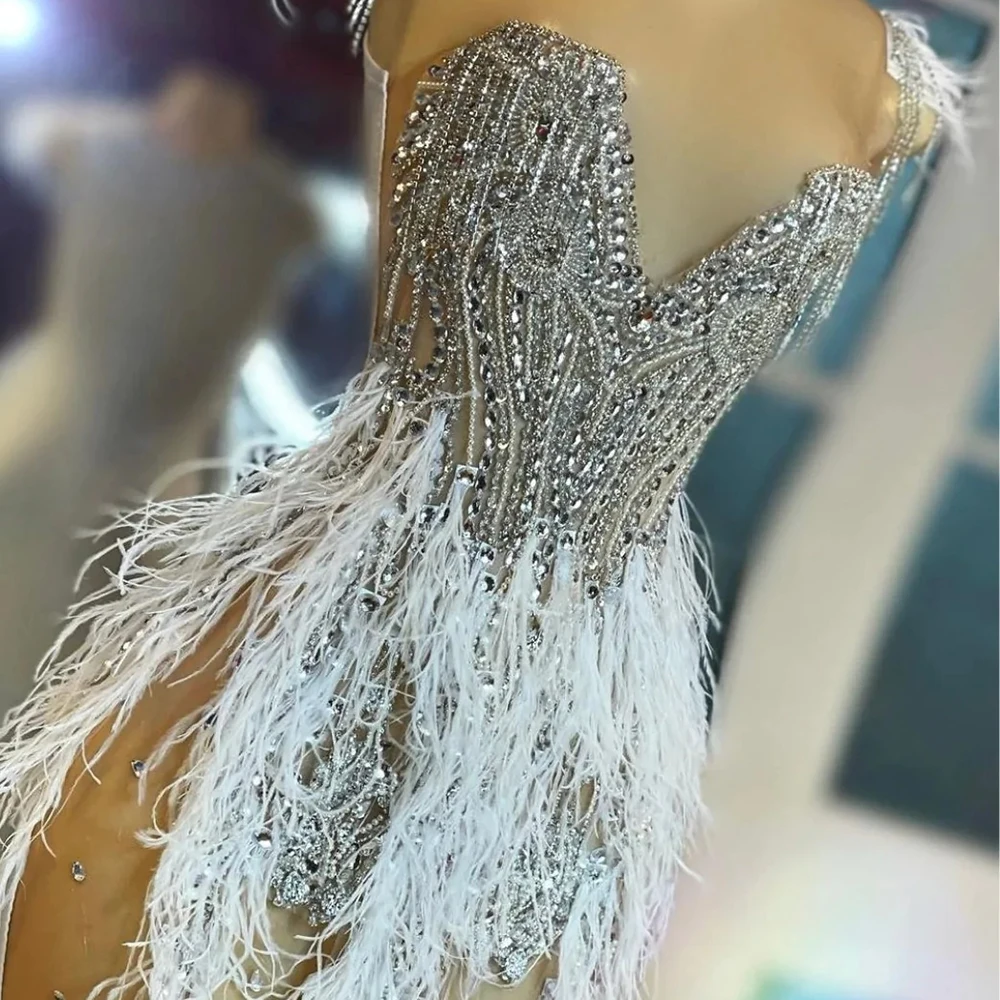 Short Prom Dresses 2025 Sexy Sheer Mesh Rhinestone Beaded Feathers for Birthday Party Black Girls Mini Cocktail Gowns Customized