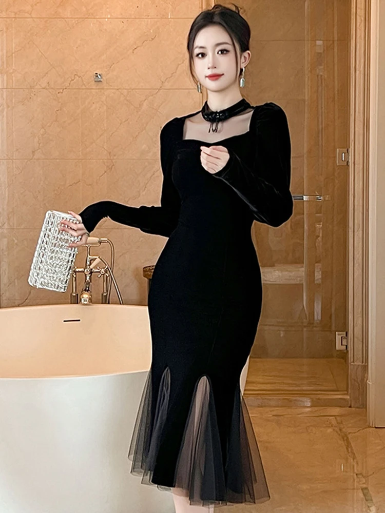 Frauen Vintage Elegante Qipao Schwarz Kleid für Frau Mesh Sheer Rüschen Party Fischschwanz Robe Weibliche Prom Chic Cheongsam Vestidos