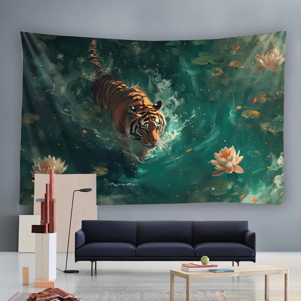 Lotus Pond Tiger Extra Large Wall Tapestry Luminous Flower Design Luxurious Bedroom Decorative Art Background Hanging Cloth