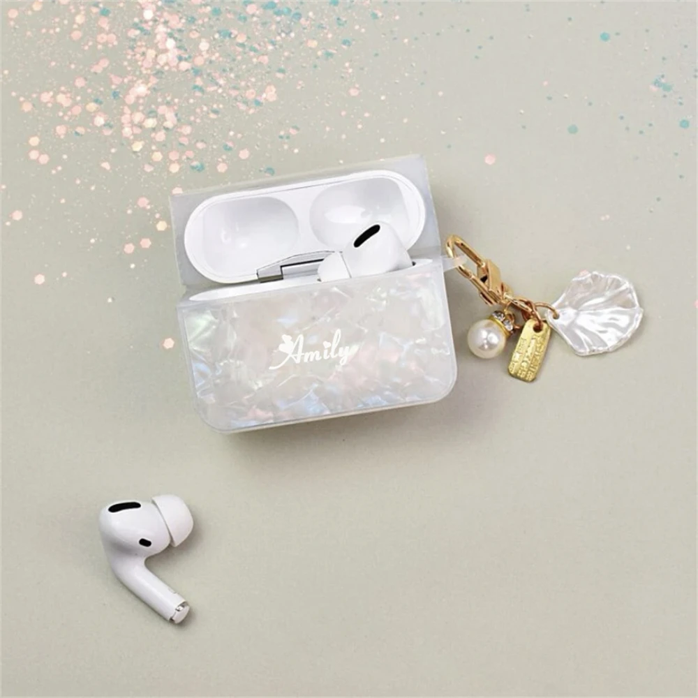 맞춤형 이름 글자 럭셔리 화이트 쉘 패턴 이어폰 케이스, 에어팟 1, 2, 3 프로 2 DIY, 비드 펜던트 포함