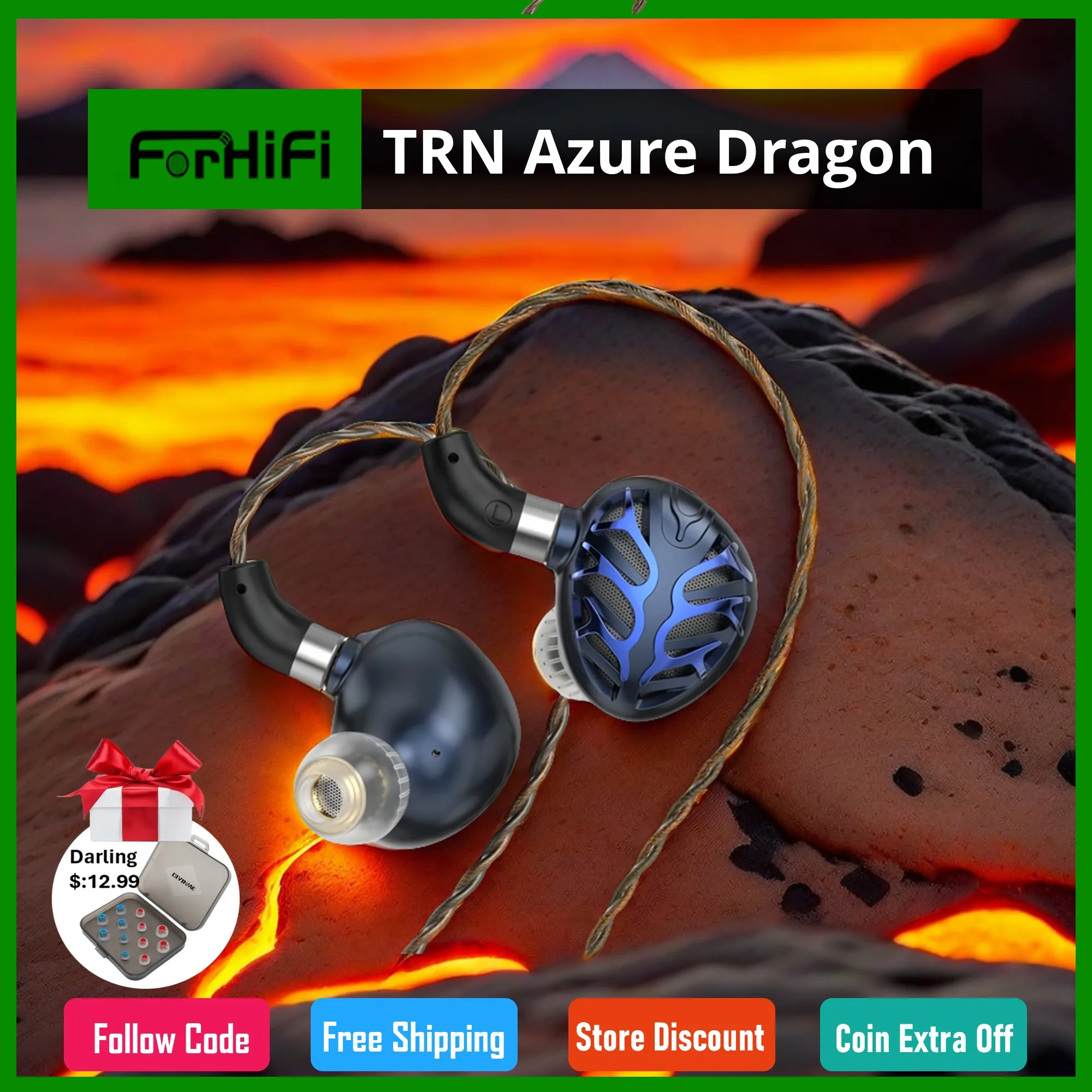 

TRN Azure Dragon In-ear Earphones Second-generation 14.6mm flagship Planar Diaphragm Interchangeable Tuning Nozzles