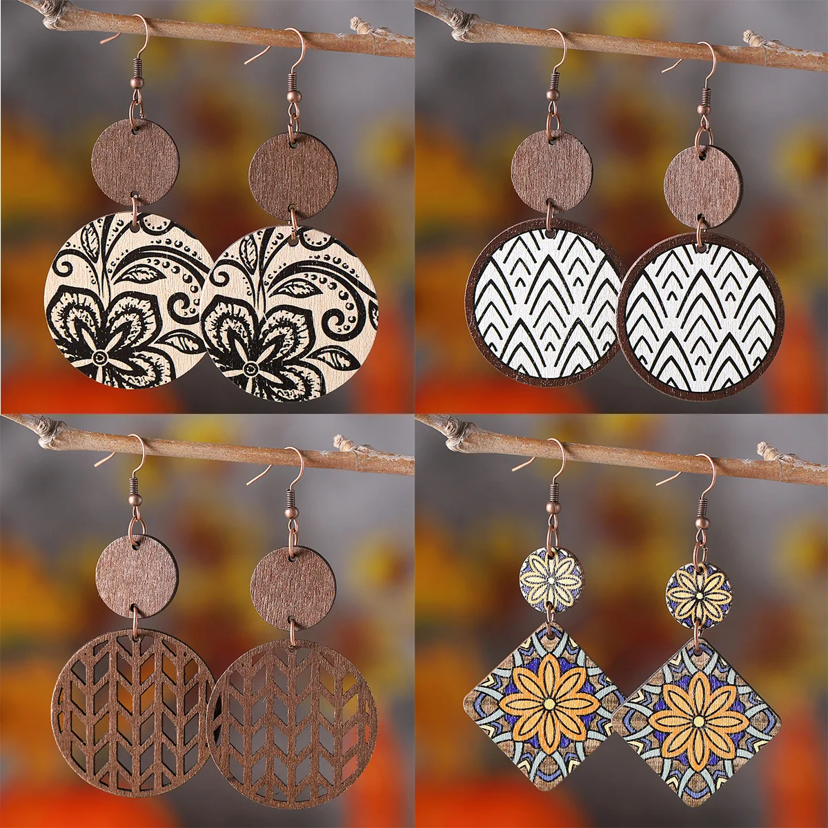 new bohemian stripe painted geometric round piece splicing pendant earrings cork double-sided old earrings