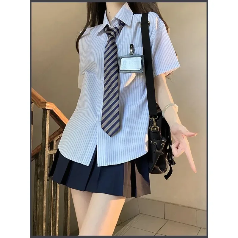 Japanese Style Striped Short Sleeved Jk Uniform Tie Women 2023 Summer Korean Chic Sailor Uniform Shirt Skirt School Clothes