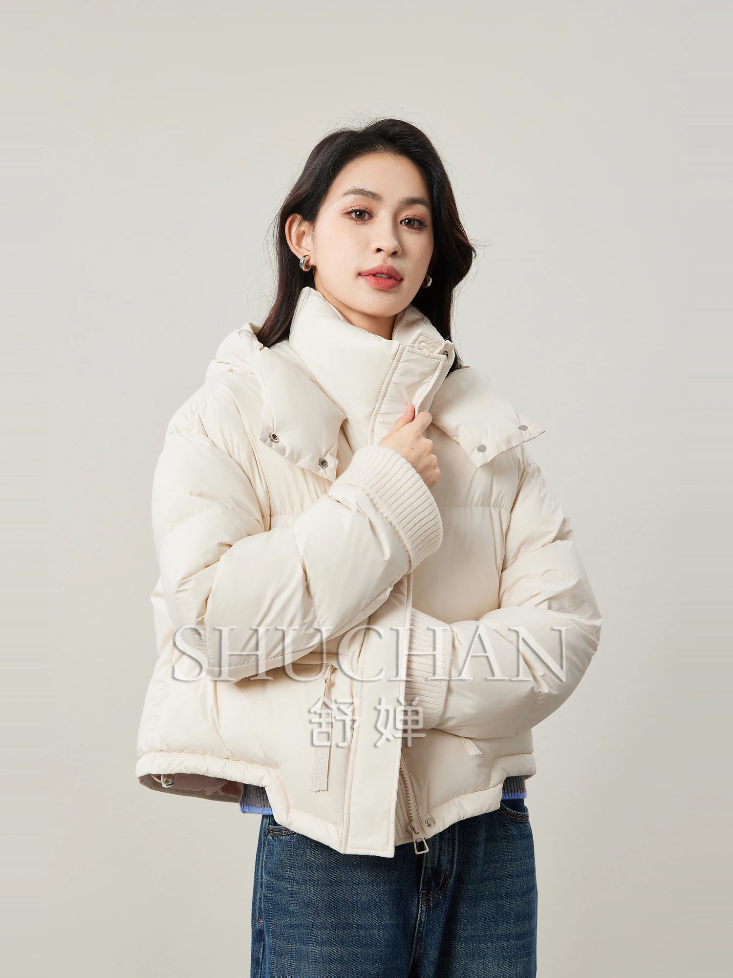 New High-efficiency Warm, Irregular Hem 90 White Duck Down Stand-up Collar Hooded Down Jacket Women