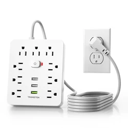 Power Outlet with Surge Protector, 9 sockets 3 USB Ports,5ft Extension Cord, Quick Charge, For Home and Office,White