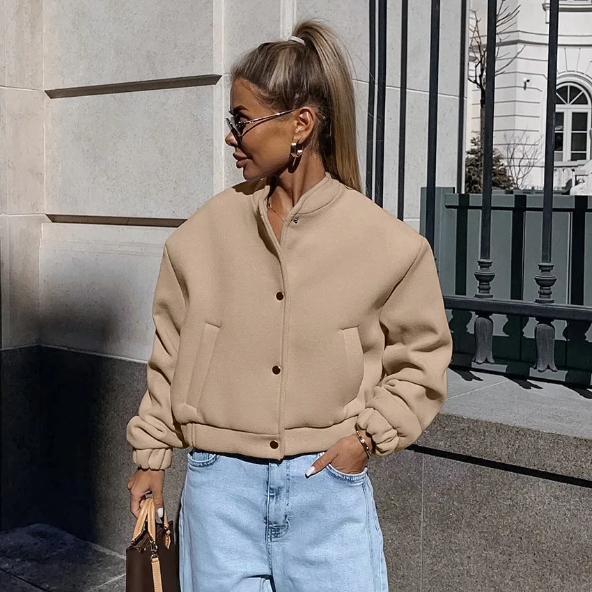 Fall/Winter Women's Bomber Jacket Faux Wool Coats Cropped Jacket Long Sleeve Aviator Jacket Woman Outerwear Button Jacket