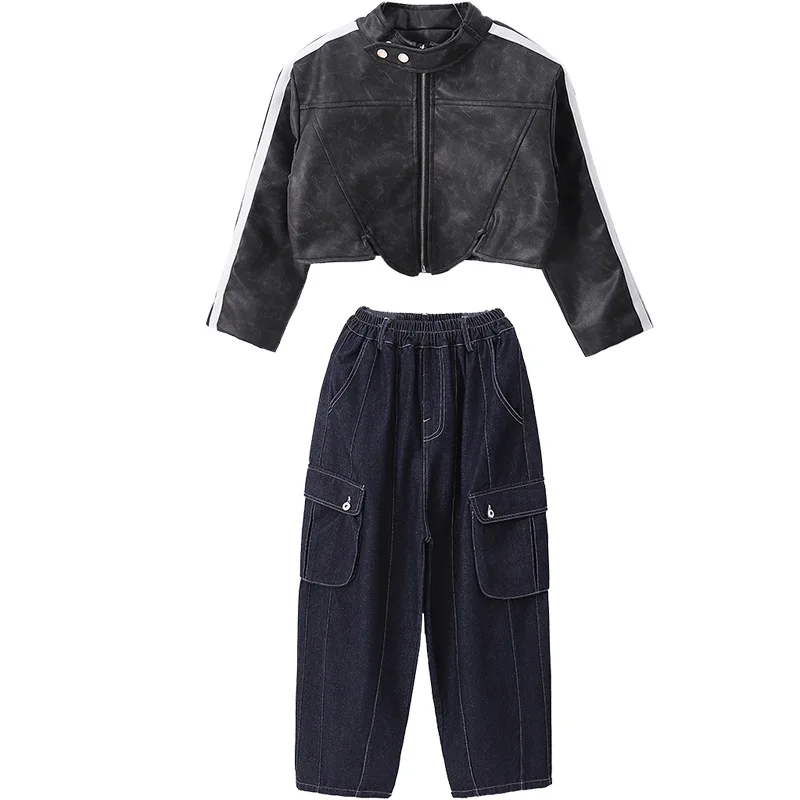 Girls Hip Hop Leather Jacket Vest Loose Jeans Child Street Dance Crop Coat Jazz Denim Pants Clothes Set Kids Streetwear Costumes