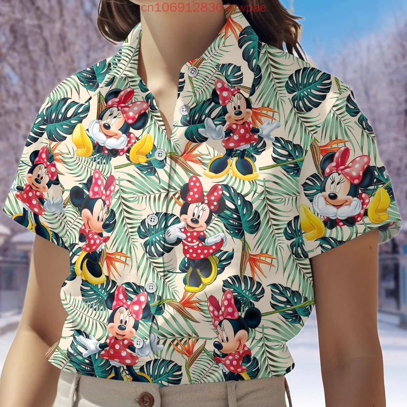 

Disney Minnie Hawaiian Shirt Women's Short Sleeve Button Shirt Mickey Summer Casual Beach Vacation Sun Protection Shirt