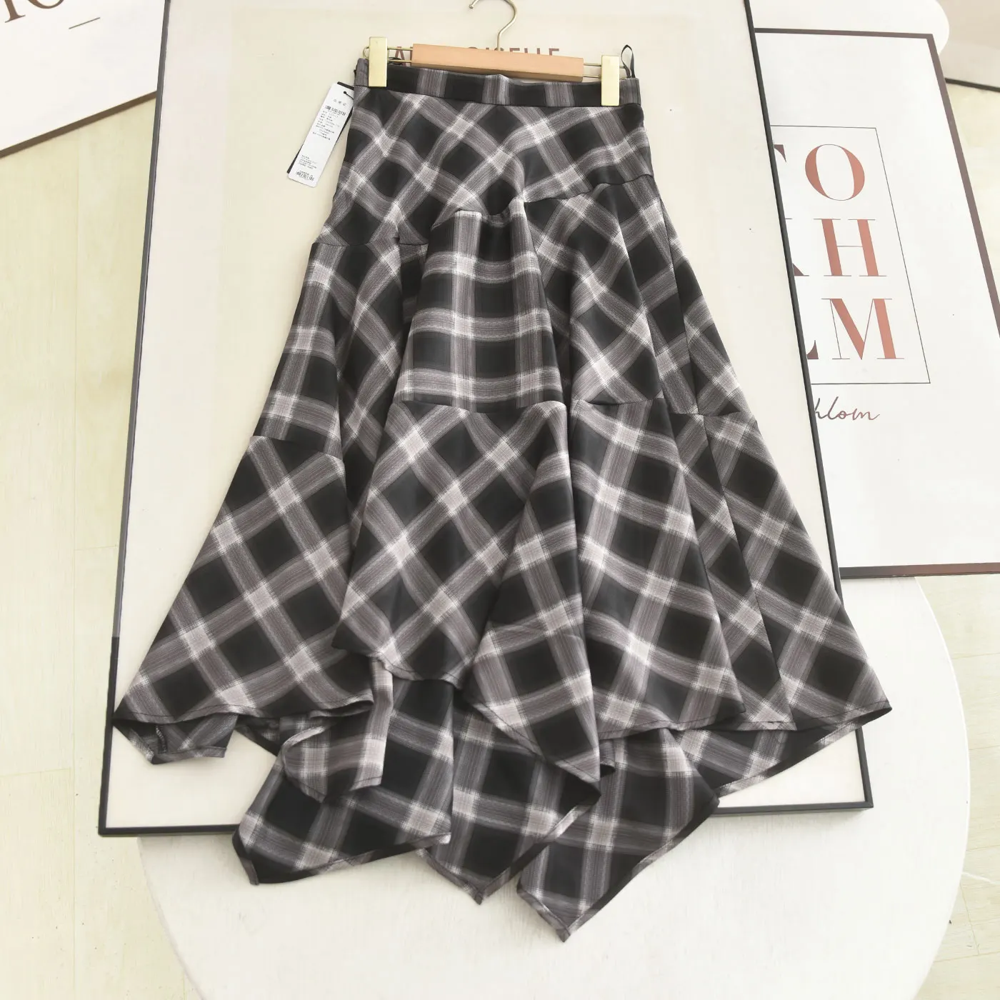 High Waist A-Line Skirt Asymmetrical Drape Checkered Vintage  Skirt Elegant Women's Spring Summer Fashion 2026