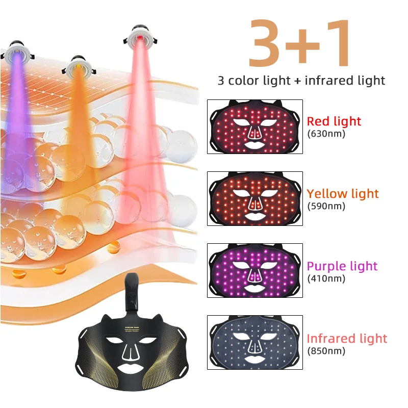 LED光線療法フェイスマスク、青と赤の光線療法、しわ用の赤外線マスク、にきび、フォトンスキンケア、美容デバイス、4色