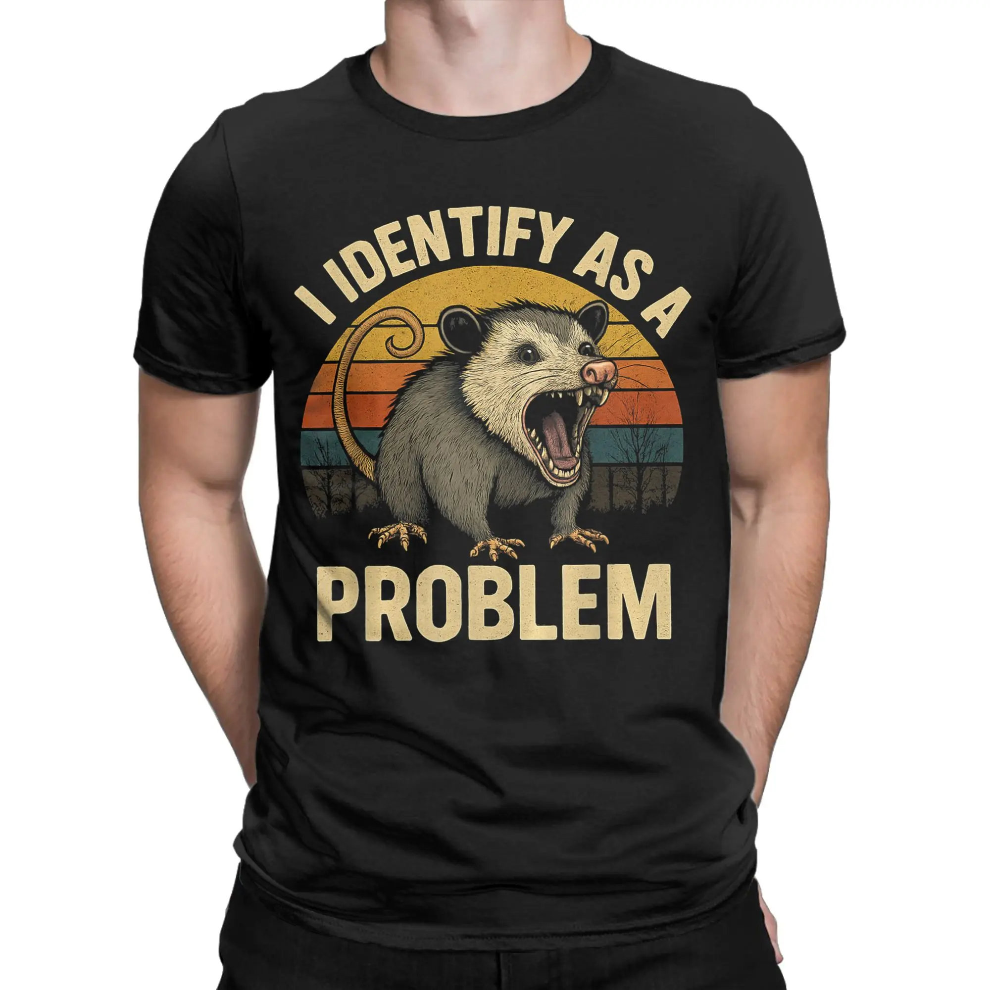 Vintage I Identify As A Problem Funny Possum Humor Tshirts Men's Crewneck Short Sleeve Tops  Cotton Summer Clothes