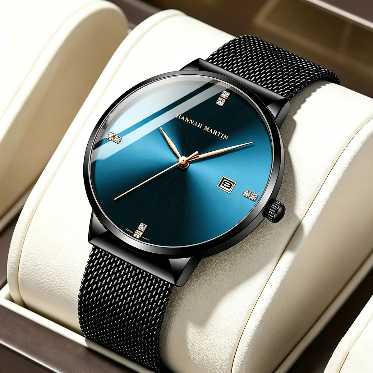 Hannah Martin Brand Watch Men Stainless Steel Mesh 40mm Case Rhinestone Scale Japanese Movement Waterproof Quartz Men for Watch