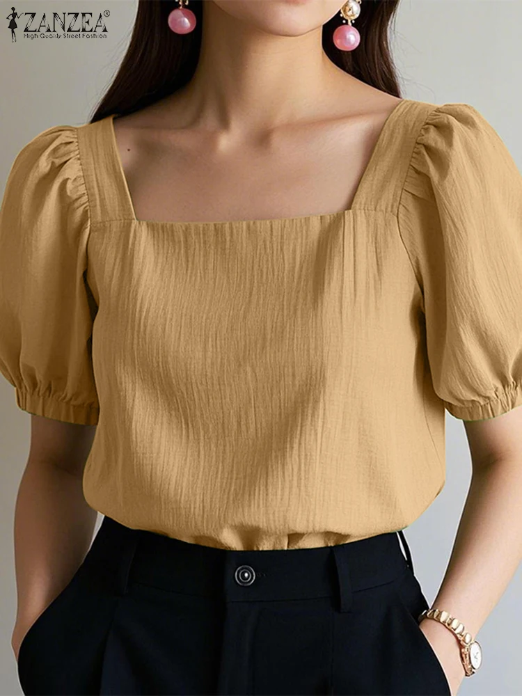 

ZANZEA Woman Short Puff Sleeve Blusas Mujer Solid Color Fashion Summer Square Neck Smock Tops Crinkled Texture Elegant Blouses