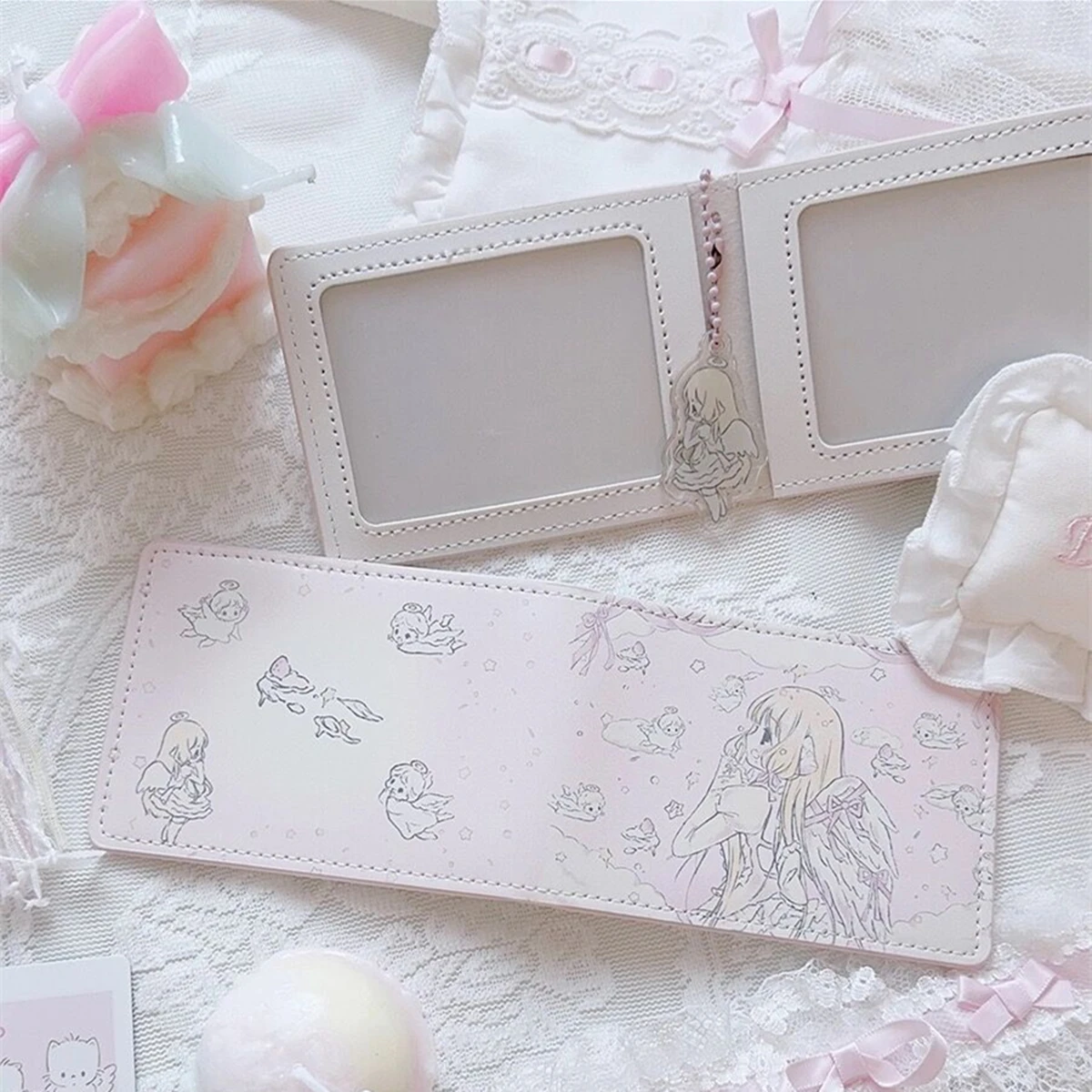 Pink 2 Slots Card Holder Cartoon Girl Printing Driver License Cover PU Leather Slim ID Protector Card Protective Cover Pendant