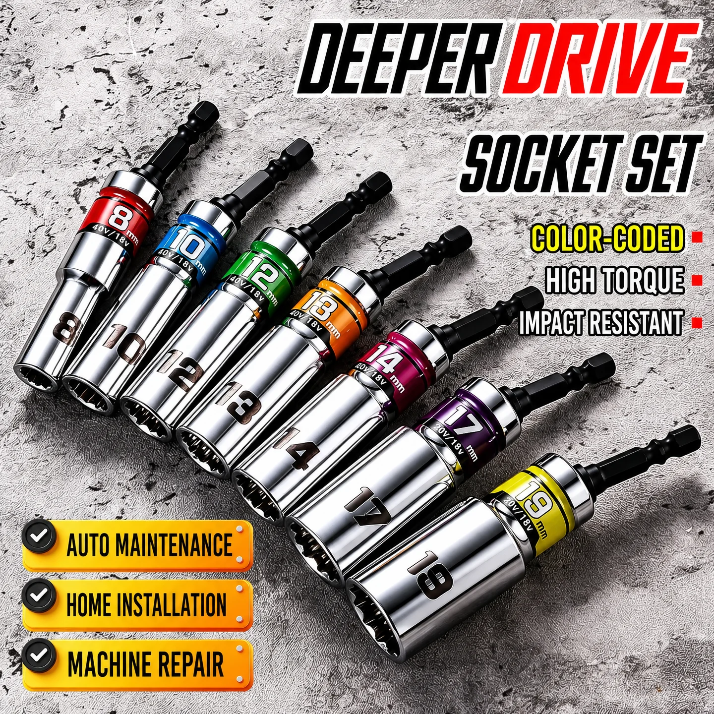 1/4 Inch Universal Impact Socket Set 15 Degree Swivel Angle 12 Point Nut Driver Bit Adapter for Electric Pneumatic Drill Repair