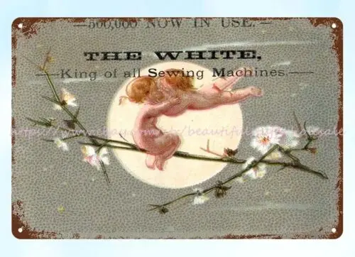 The White Sewing Machines Cherubs in Moonlight 19th century metal tin sign