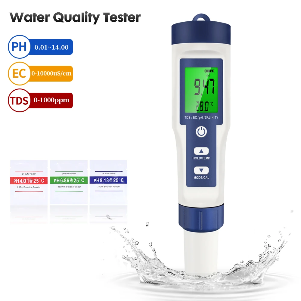 

5 in 1 PH TDS EC Temp Salinity/Temperature Meter Digital Water Quality Tester Monitor for Drinking Water Aquariums