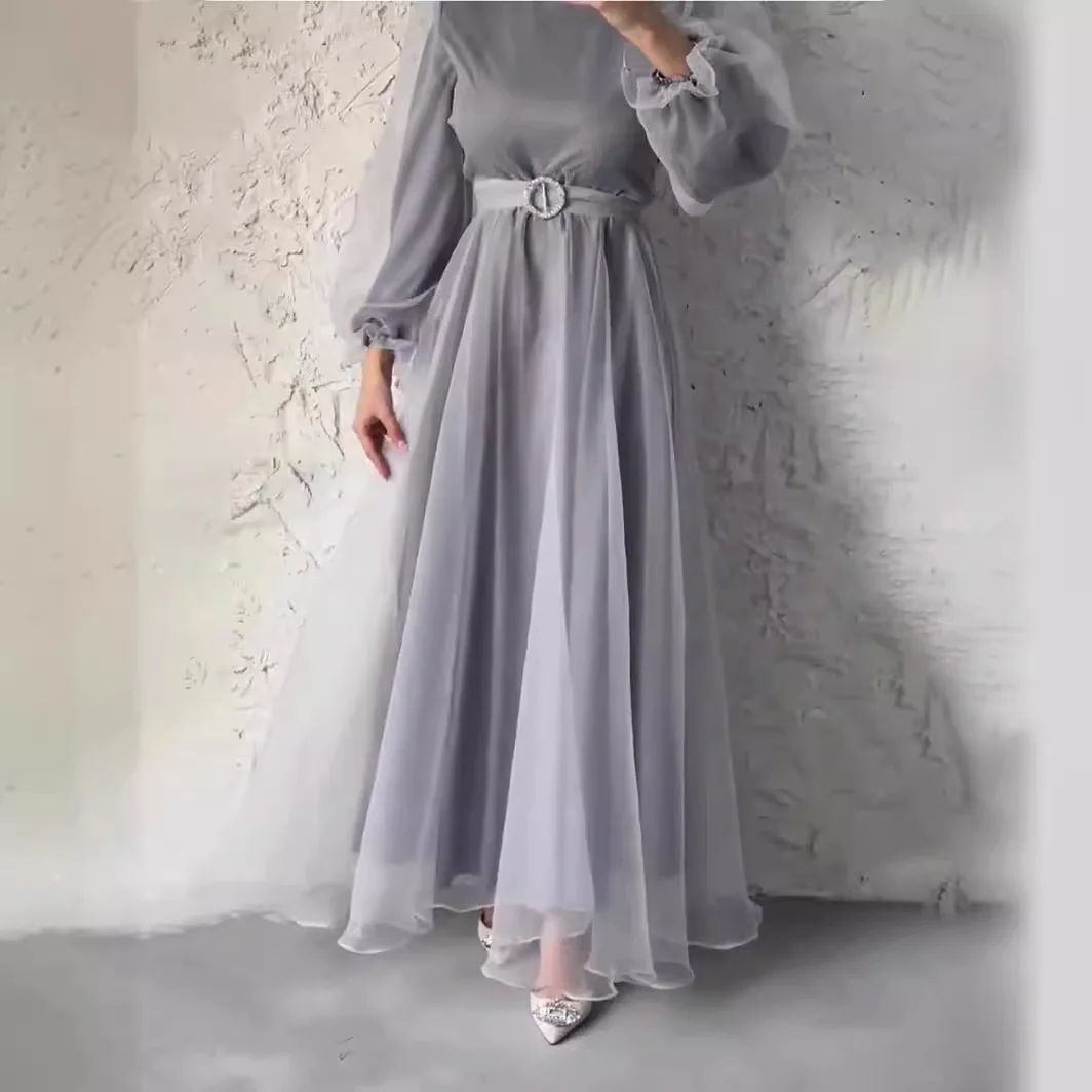 Dress Long Dresses Women Lantern Sleeve Mock Neck Elegant Muslim Party Prom Casual Regular A Line Vestidos Tight Waist Belt