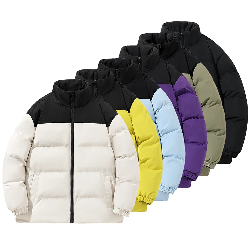 Men Patchwork Color Block Puffer Jacket Stand Collar Zip Up Loose Warm Padded Winter Outerwear