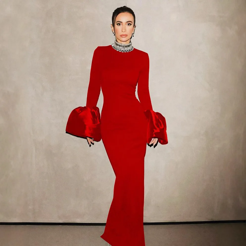 

Autumn and winter dress horn long sleeve bandage grow up red slim evening dress new hot-selling sexy classic high-end dress danc
