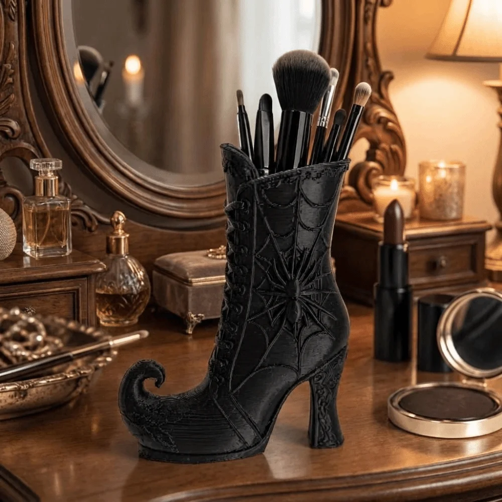3D Printed Halloween Witch Pen Holder Vintage Unique Witch Boots Mini Vase Gothic Makeup Brush Storage Rack Desk Decoration