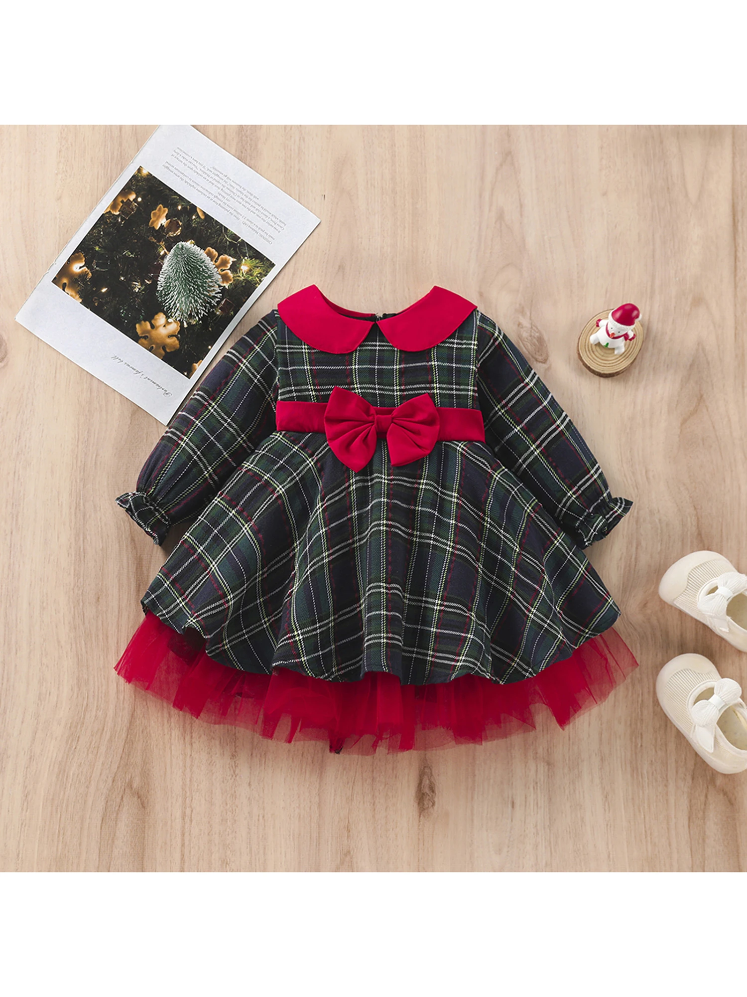 

Girls Vintage Style Plaid Dress with Belt and Peter Pan Collar Long Sleeve A-line Dress for Spring and Autumn