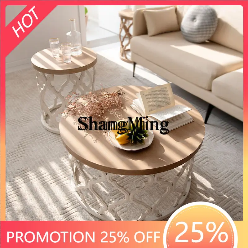 

FG good-looking Round Wooden Coffee Small Table for Home Living Room Side Table Small Apartment B&B Vintage Round
