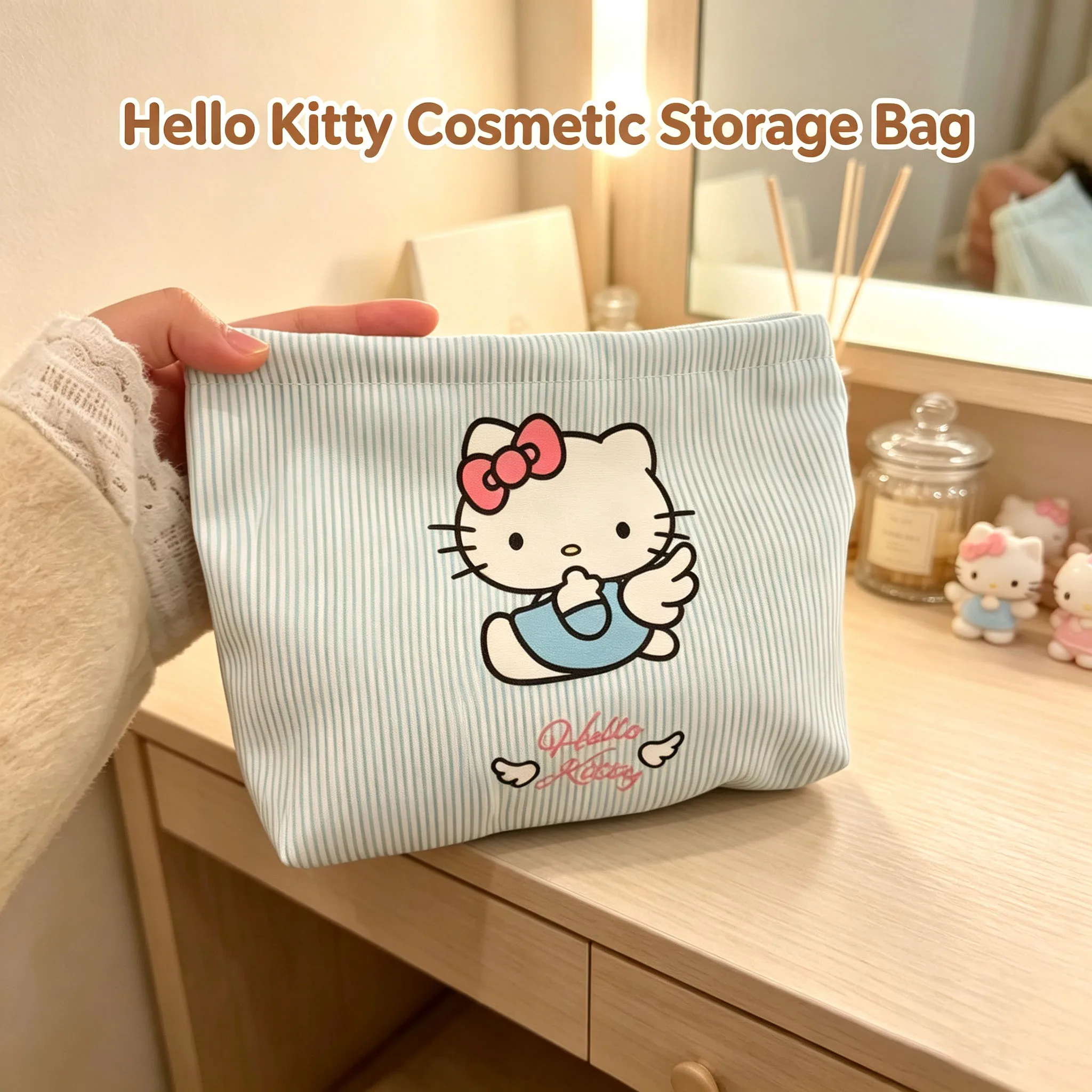 Sac de voyage Kawaii Hello Kitty, trousse de maquillage grande capacité, sac à main portable, sac à fermeture éclair léger, porte-monnaie, cadeau quotidien