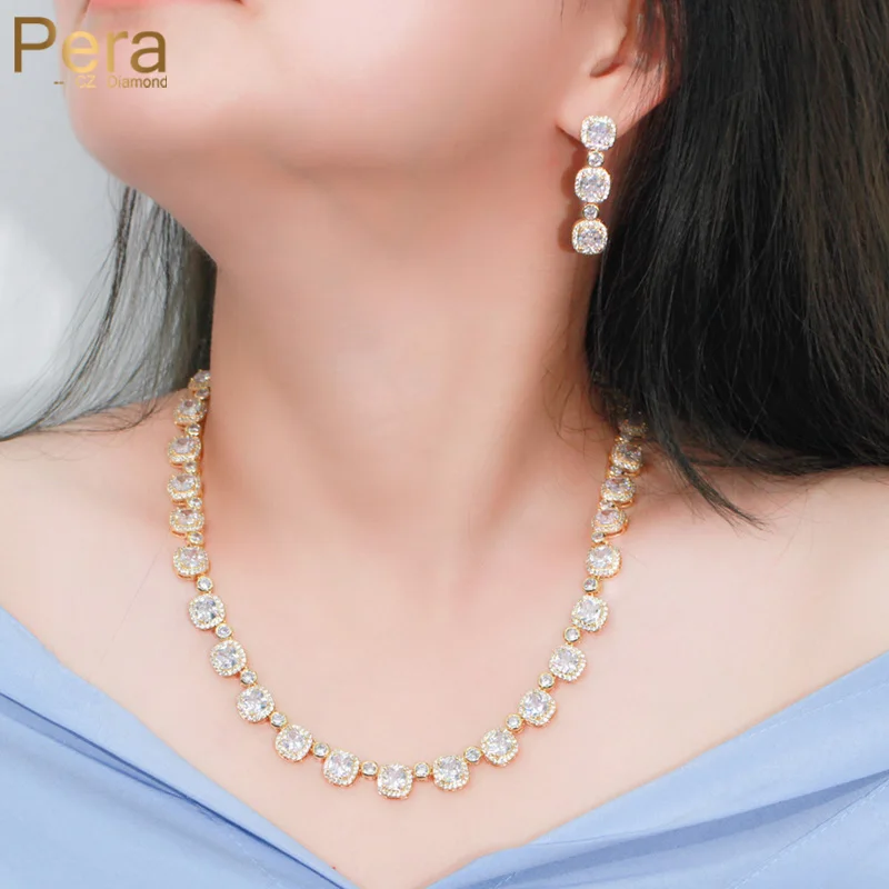 

Pera Gorgeous Chocker Necklace Earrings Sets African Gold Color CZ Zircon Luxury Bridal Wedding Party Jewelry Accessories J001