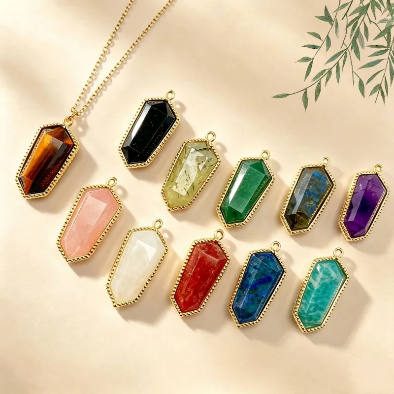 2pc Carved Stone Hexagon Diamond Pendants Inlaid Colored Zircon Beads Healing Quartz Gemstone Charms for Necklace Jewelry Making