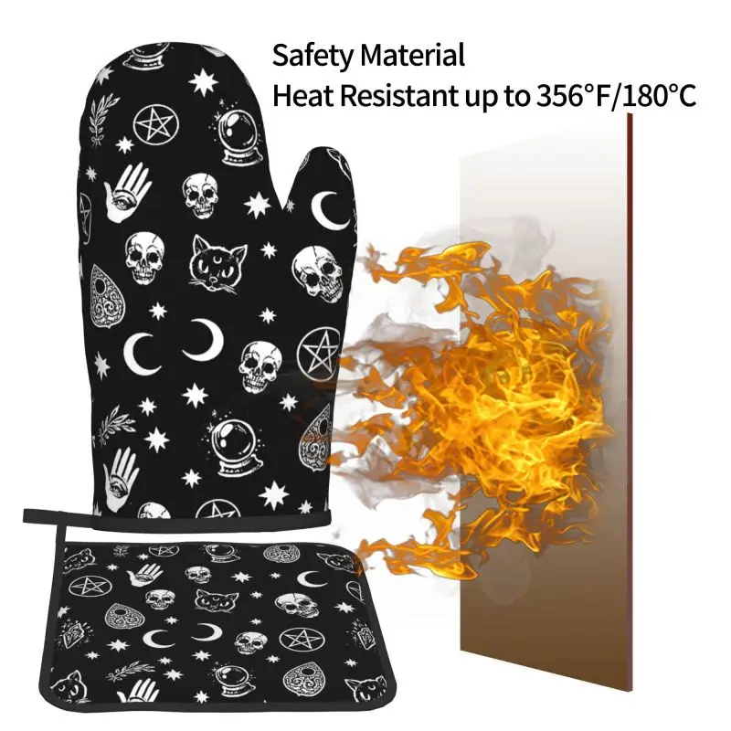 Skull Cat Moon Gothic Oven Mitts and Pot Holders Sets,Heat Resistant Non Slip Kitchen Gloves Hot Pads with Inner Cotton Layer