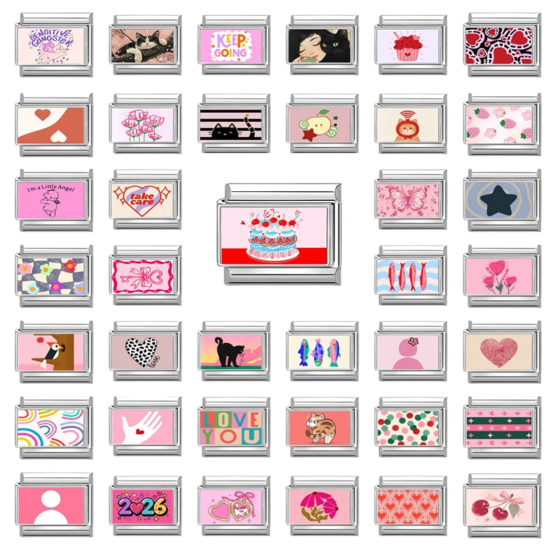 Y2K DIY Pink Charm Sweet Cake Cat Heart Bow Key Butterfly Italian Charm Links Fit 9MM Stainless Steel Bracelet Jewelry Making - view 3