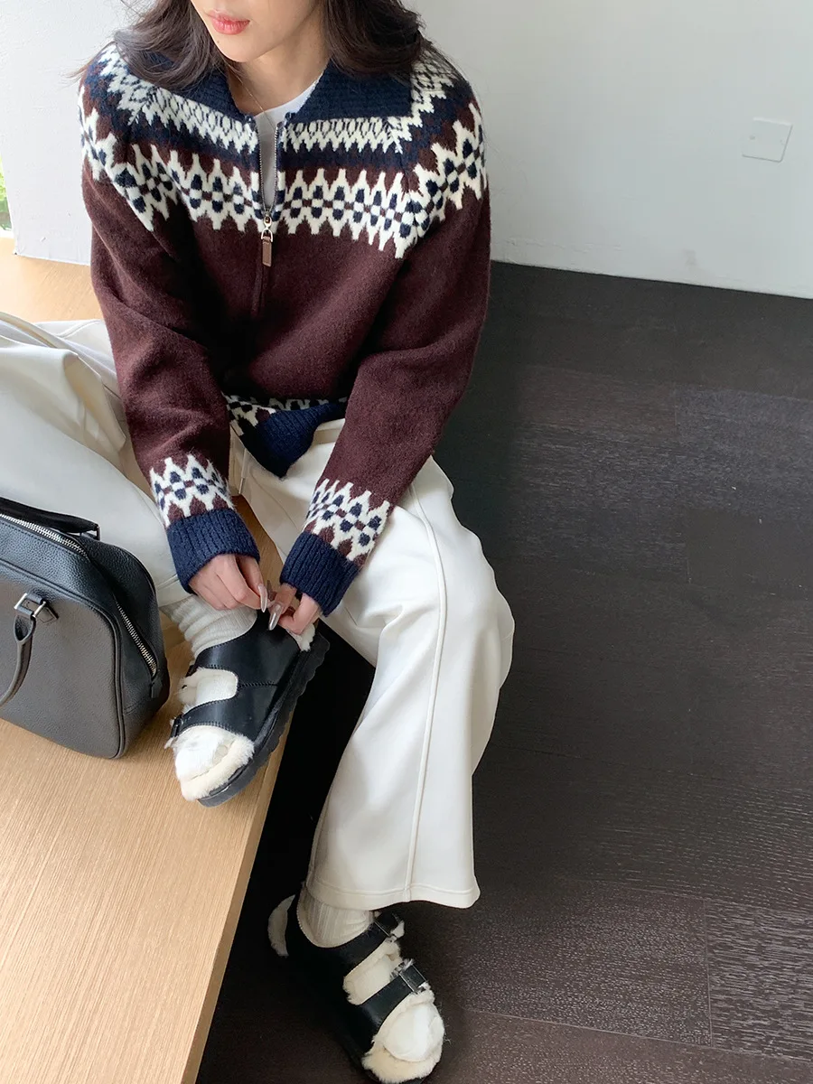 Sweter Ritsleting Ganda Jacquard Pulau Fel Vintage Baru Awal Musim Gugur