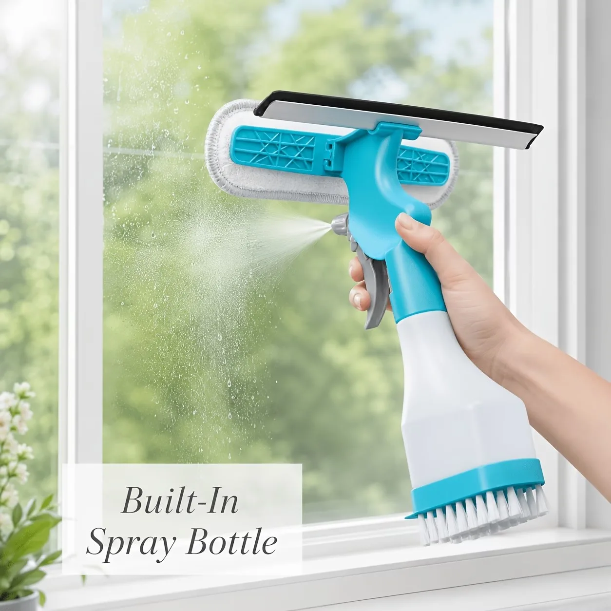 Versatile 4-in-1 Glass Cleaner Brush with Spray, Scraper, and Scrubbing Options - Ideal for Windows, Mirrors, Tiles