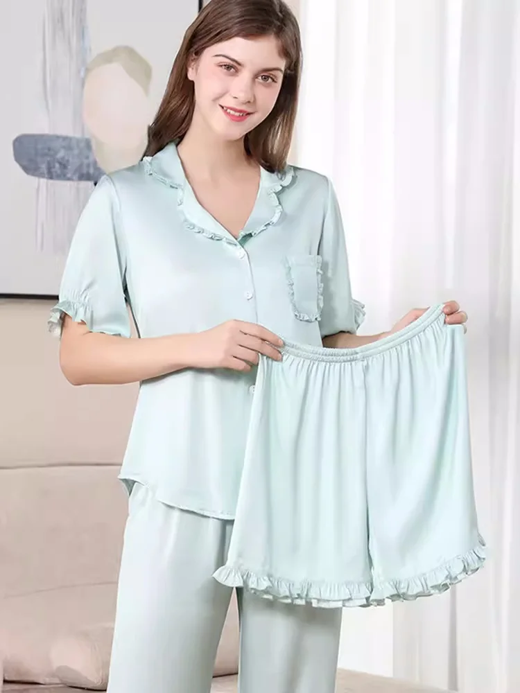 

Pure Silk Summer Three-Piece Pajamas Set Satin Homewear Underwear Casual Breathable 100% Mulberry Silk Short Pyjama Sleepwear