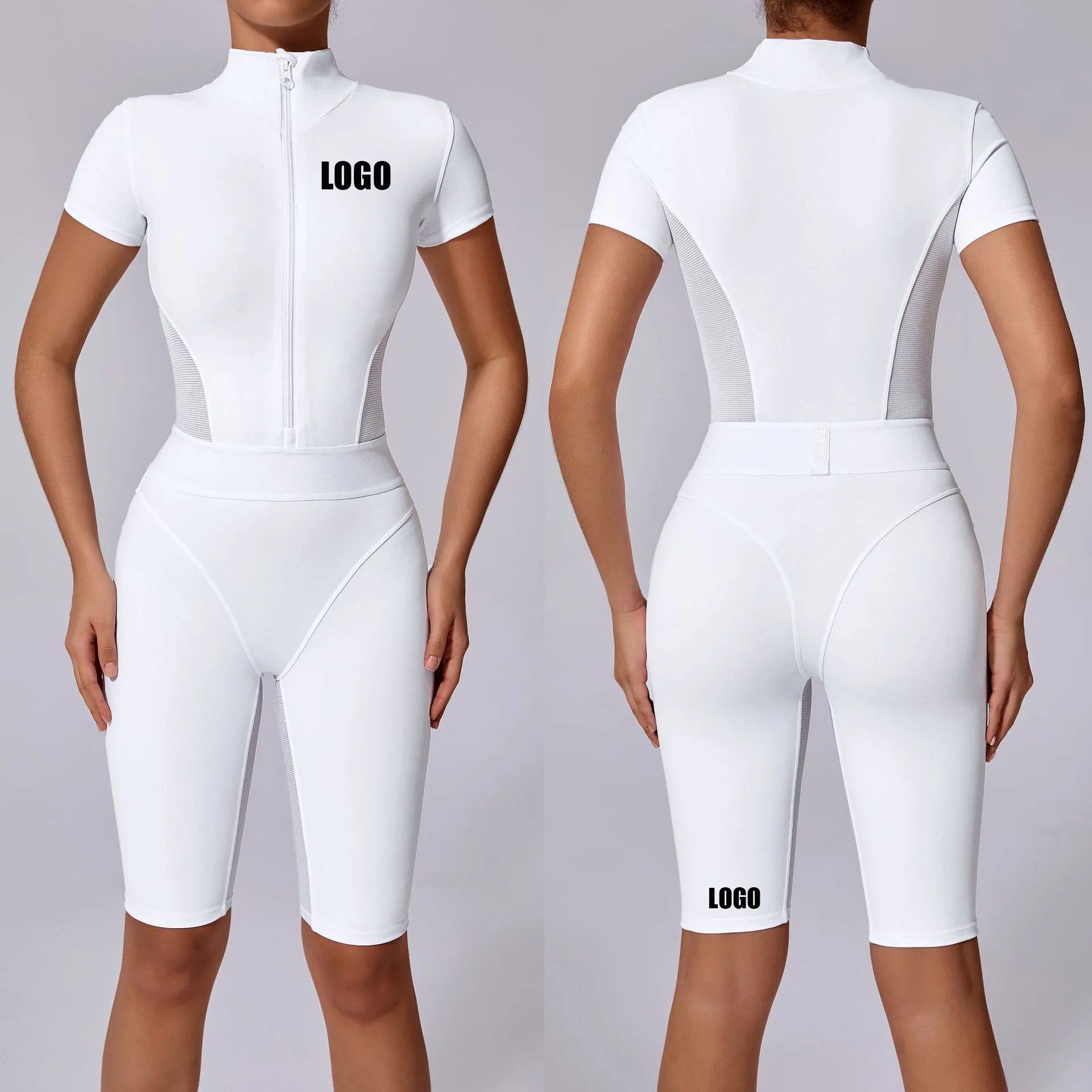 Customized LOGO Women's Waist Open Neck Zipper Short Sleeve Yoga Jumpsuit Pingwang Fitness Skinny Sports Jumpsuit Shorts
