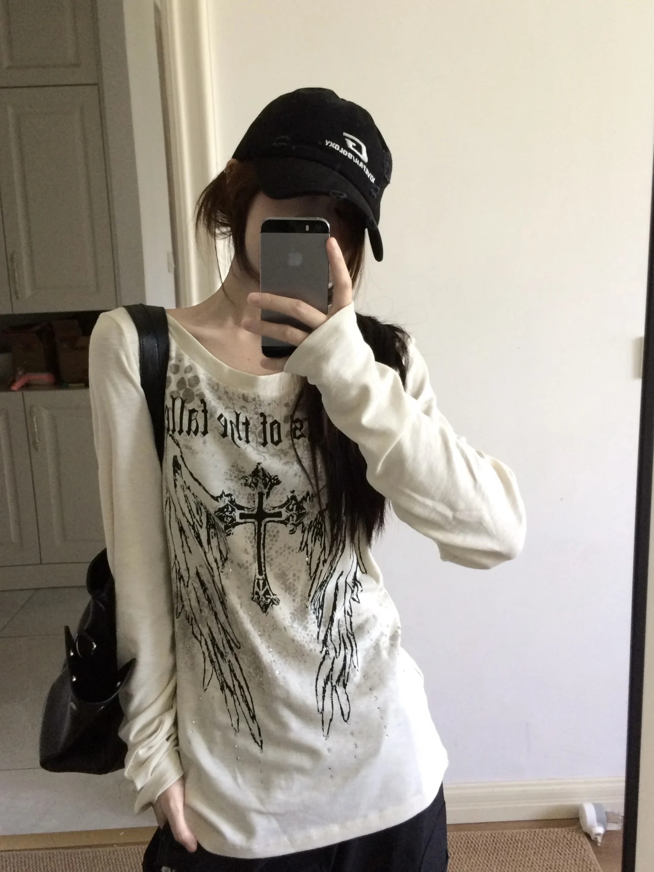 Gothic Style Long Sleeve T-Shirt Women's Early Autumn American Y2K Cross Angel Slogan Rhinestone Base Shirt Hot Girl Top
